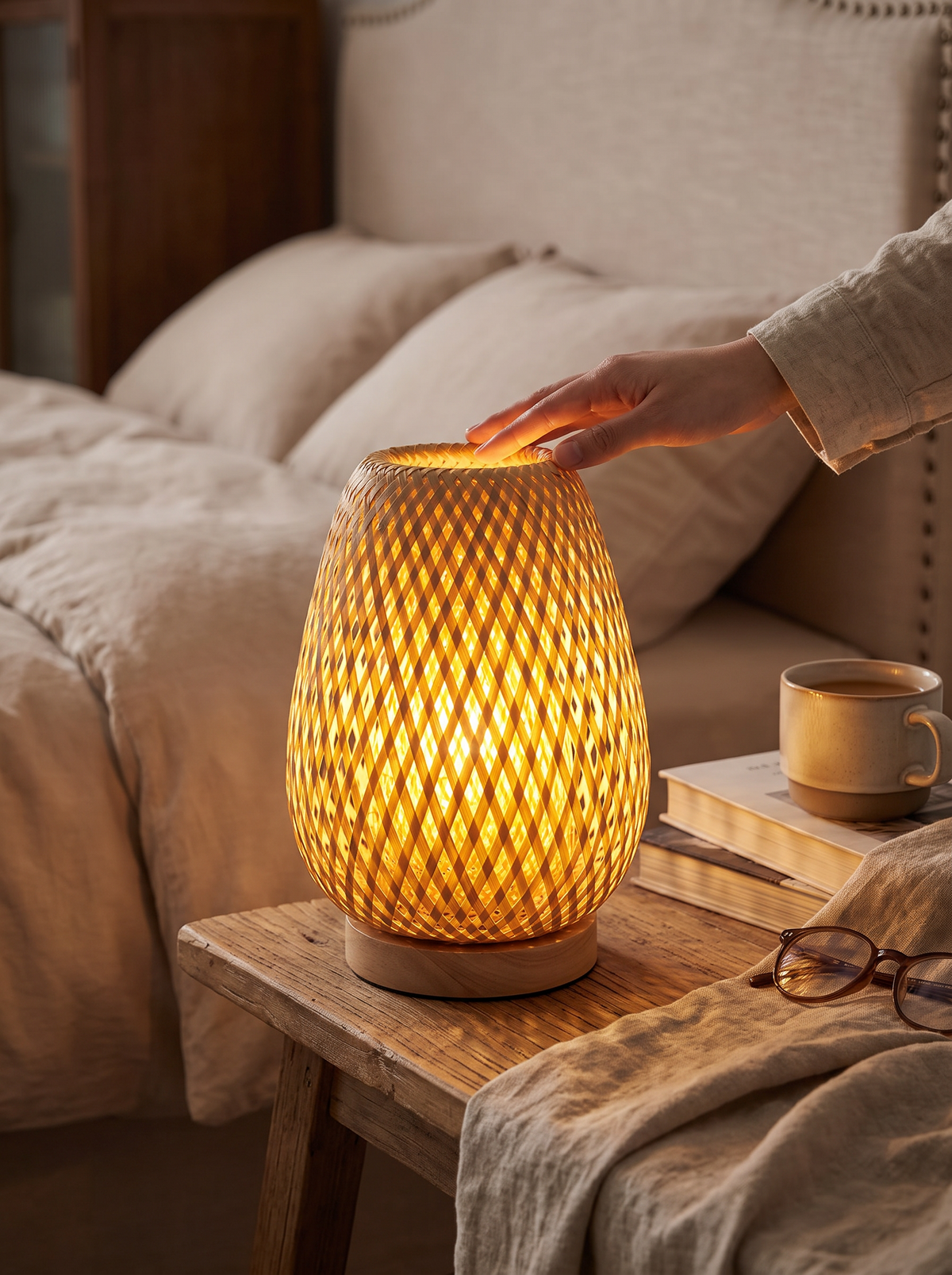Bamboo lamp at reading brightness on a bedside