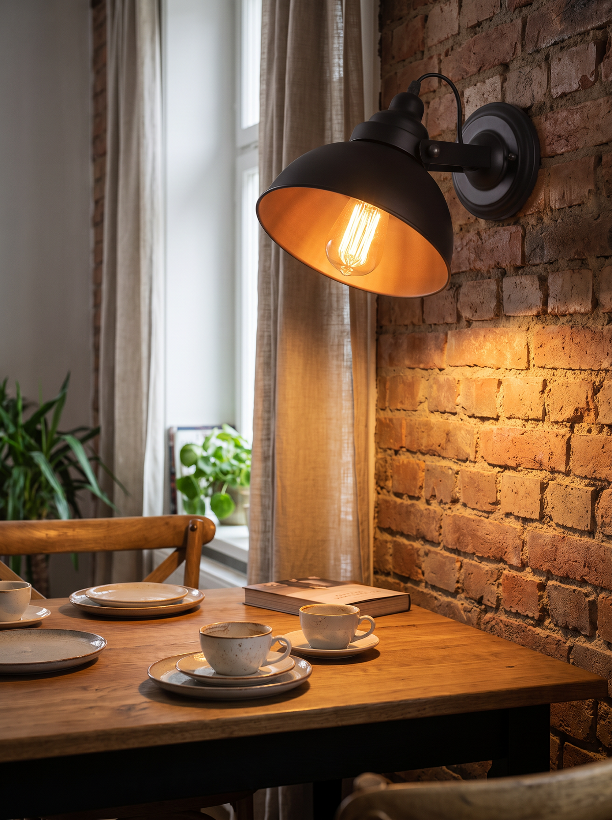 Filament bulb visible in an industrial sconce