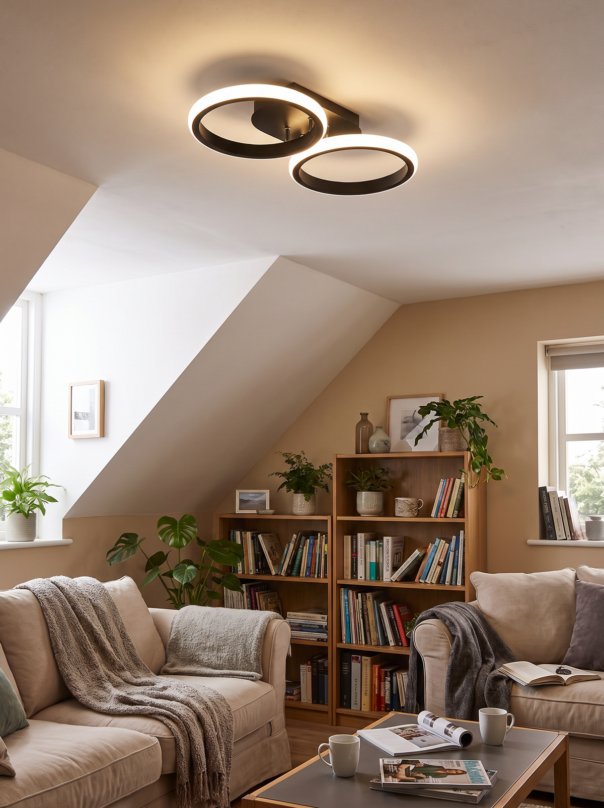 Flush ceiling light under a sloped ceiling