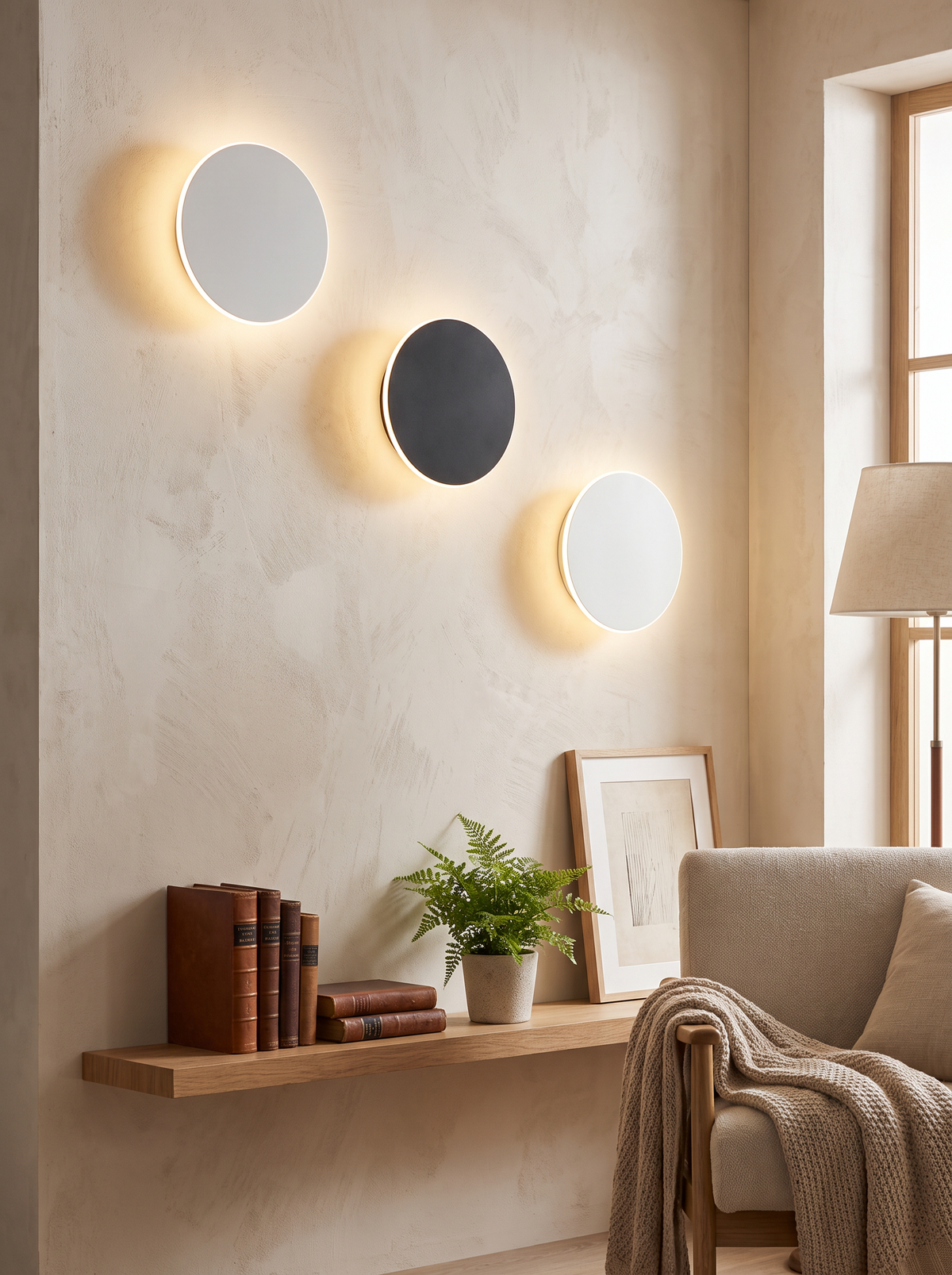 Round wall light finish against a wall