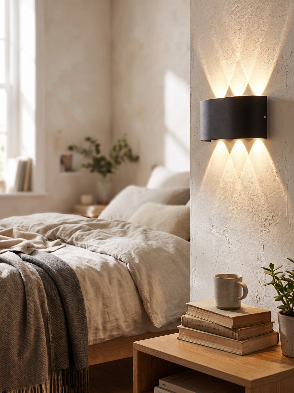 Dual beam LED wall light on an exterior wall