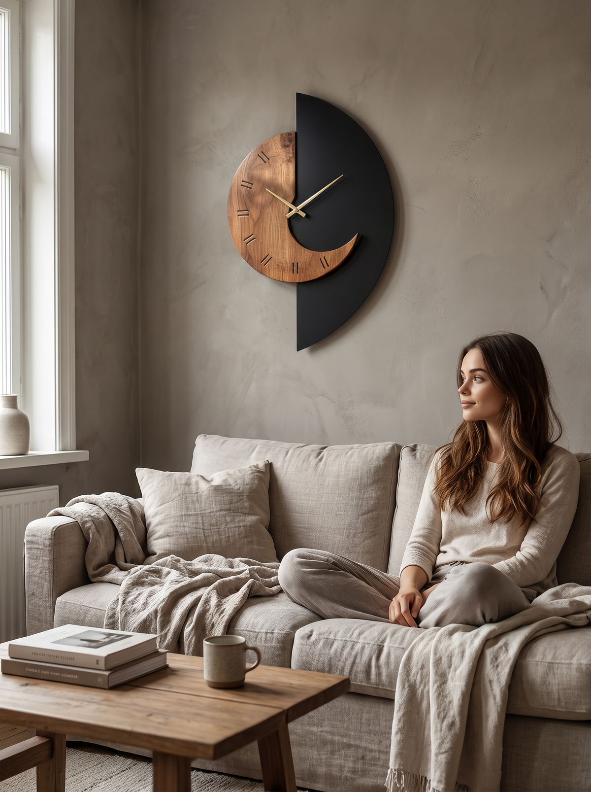 Half moon wooden wall clock resting on a line