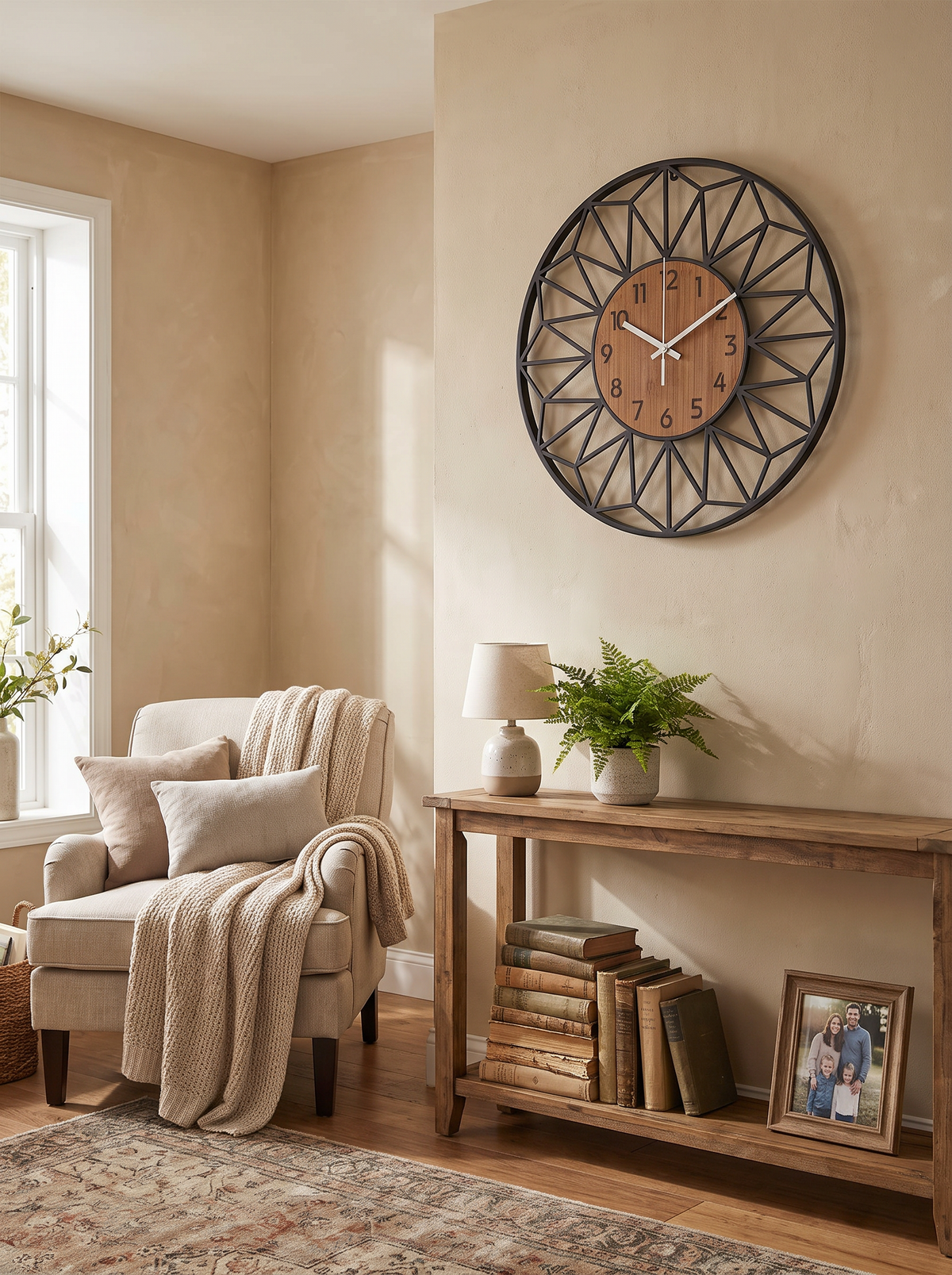 Wood grain metal wall clock on a wall