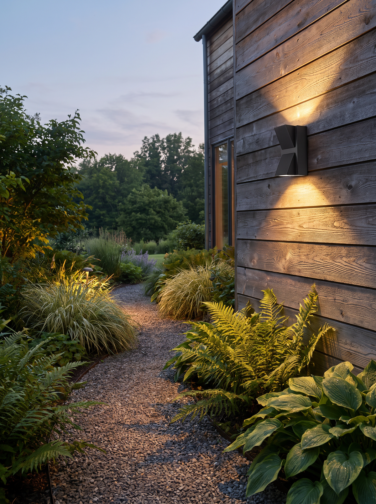 Outdoor light marking a step at night