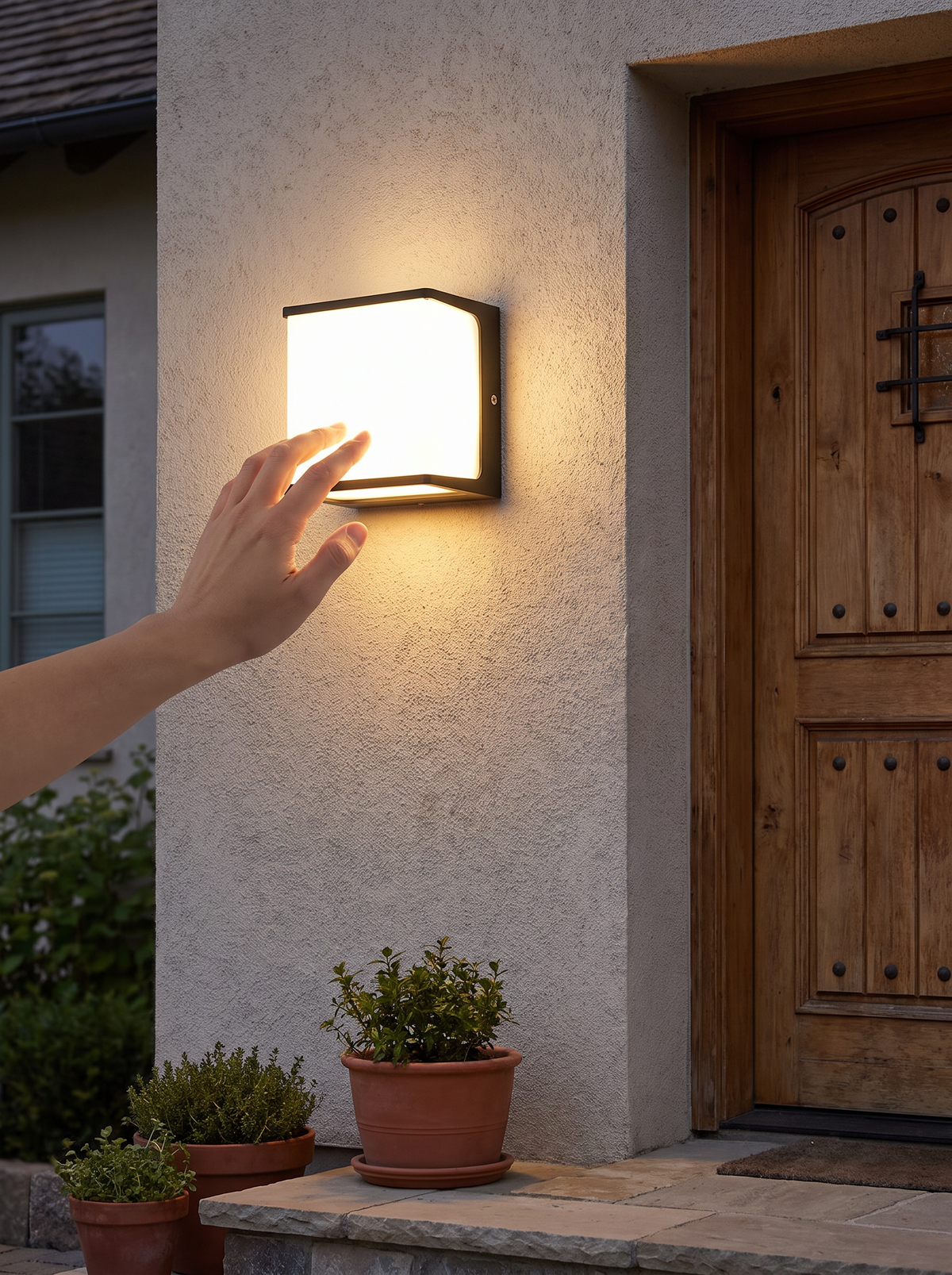 Compact cube light beside a front door