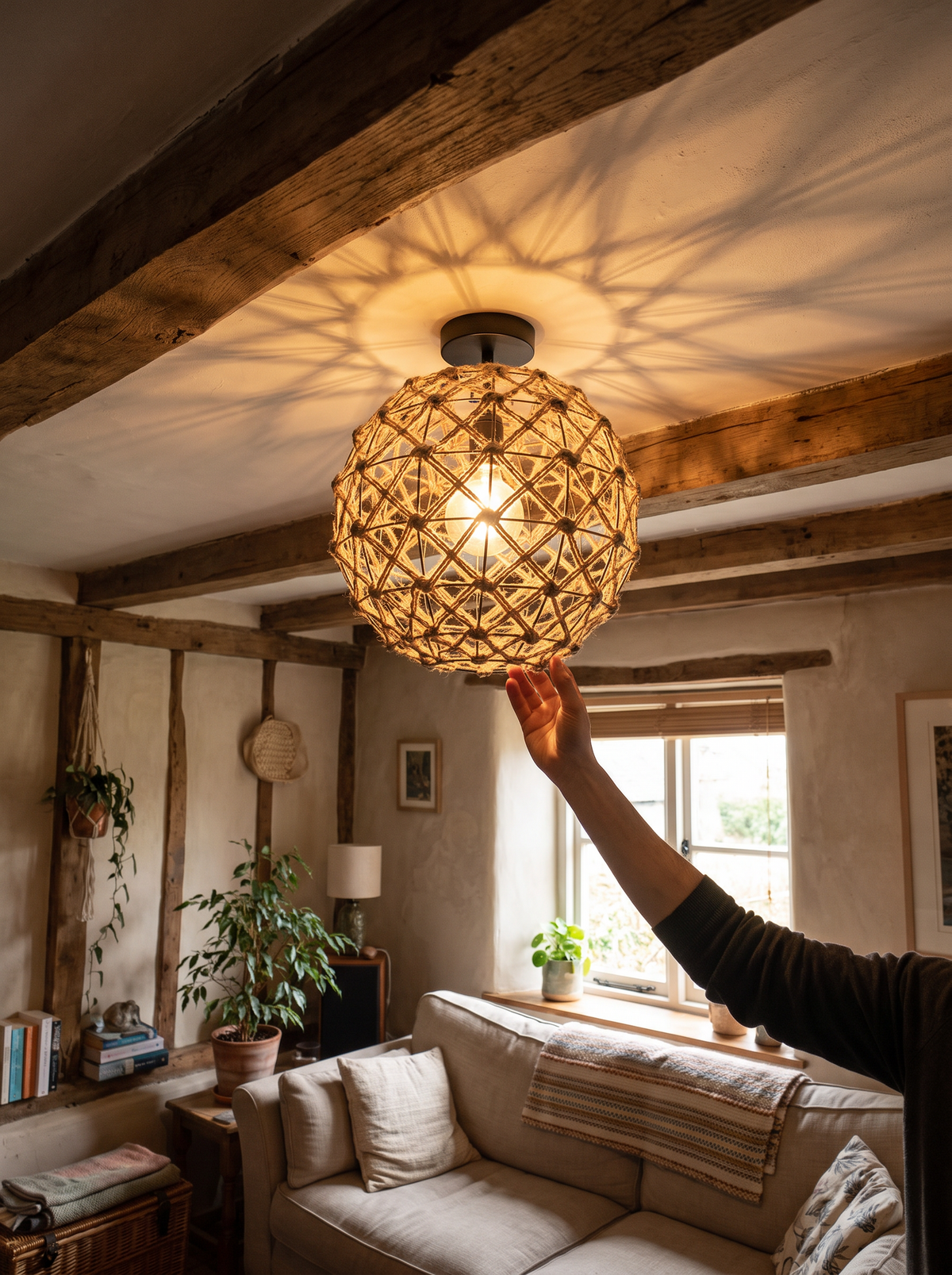 Light escaping through a woven rope shade