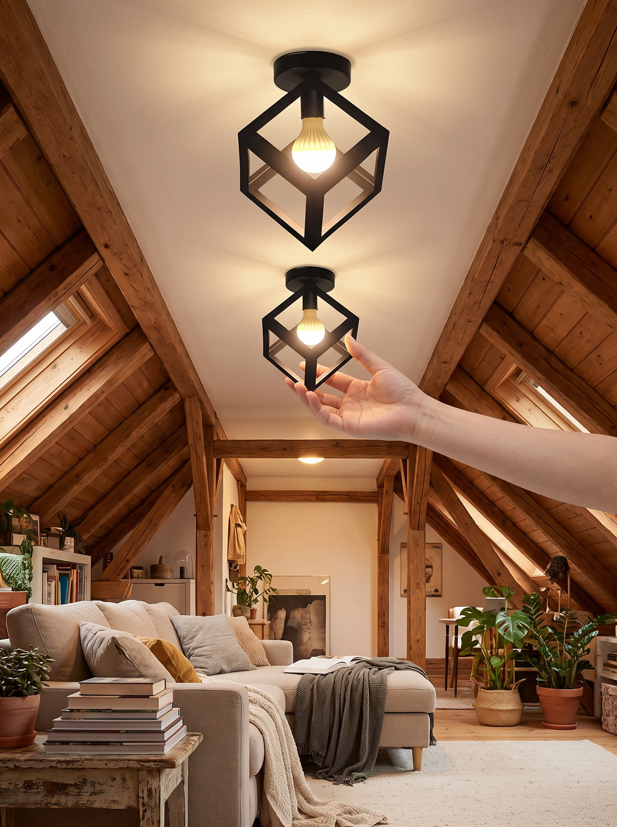 Slim cube ceiling light in a low room