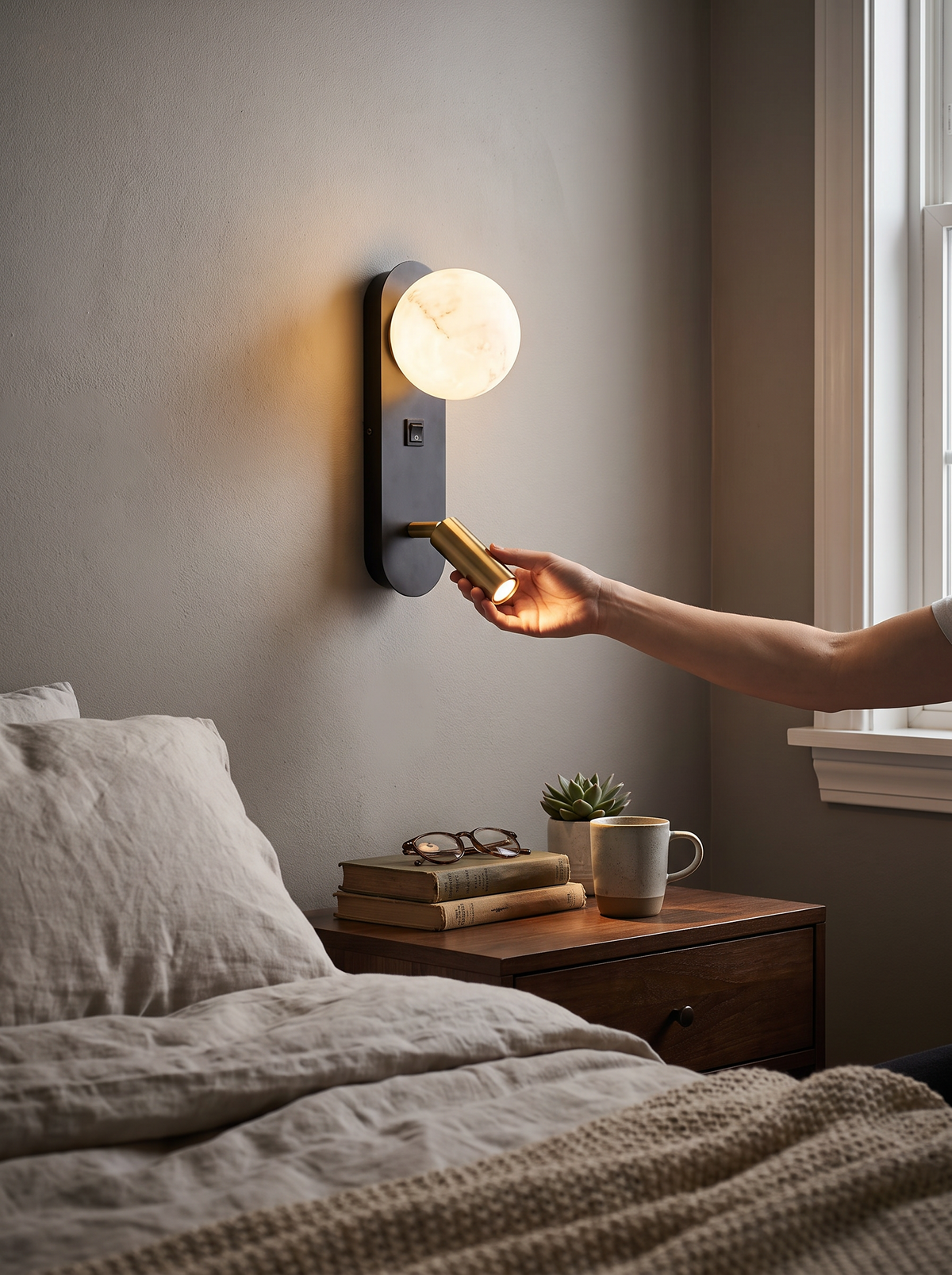 Shallow bedside wall light clearing the pillow