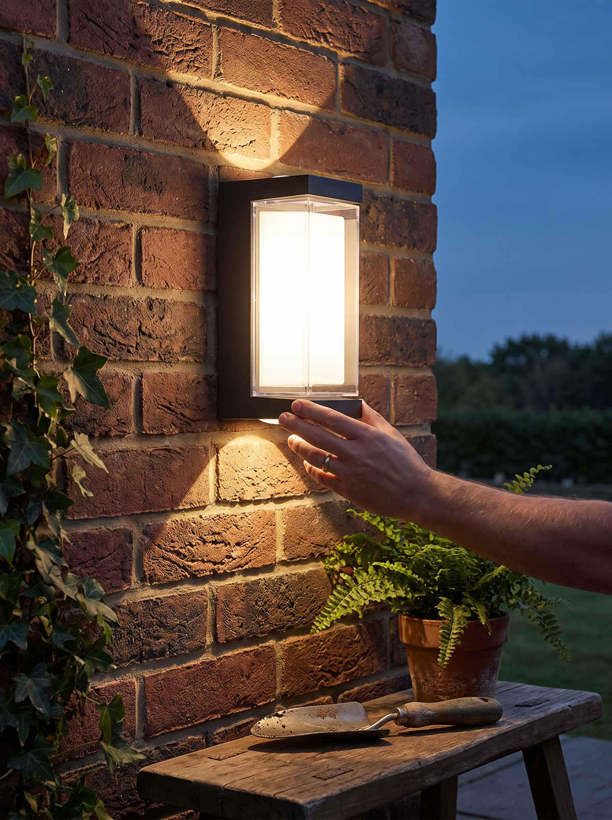 Slim outdoor sconce against brickwork