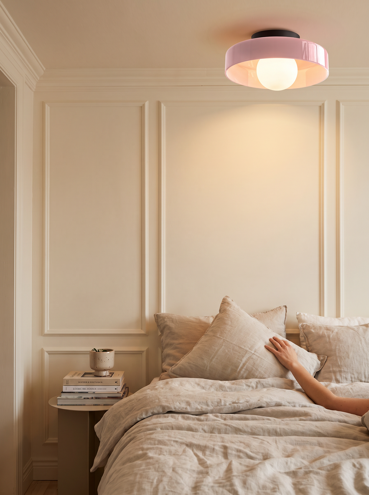 Warm toned flush ceiling light in a living room