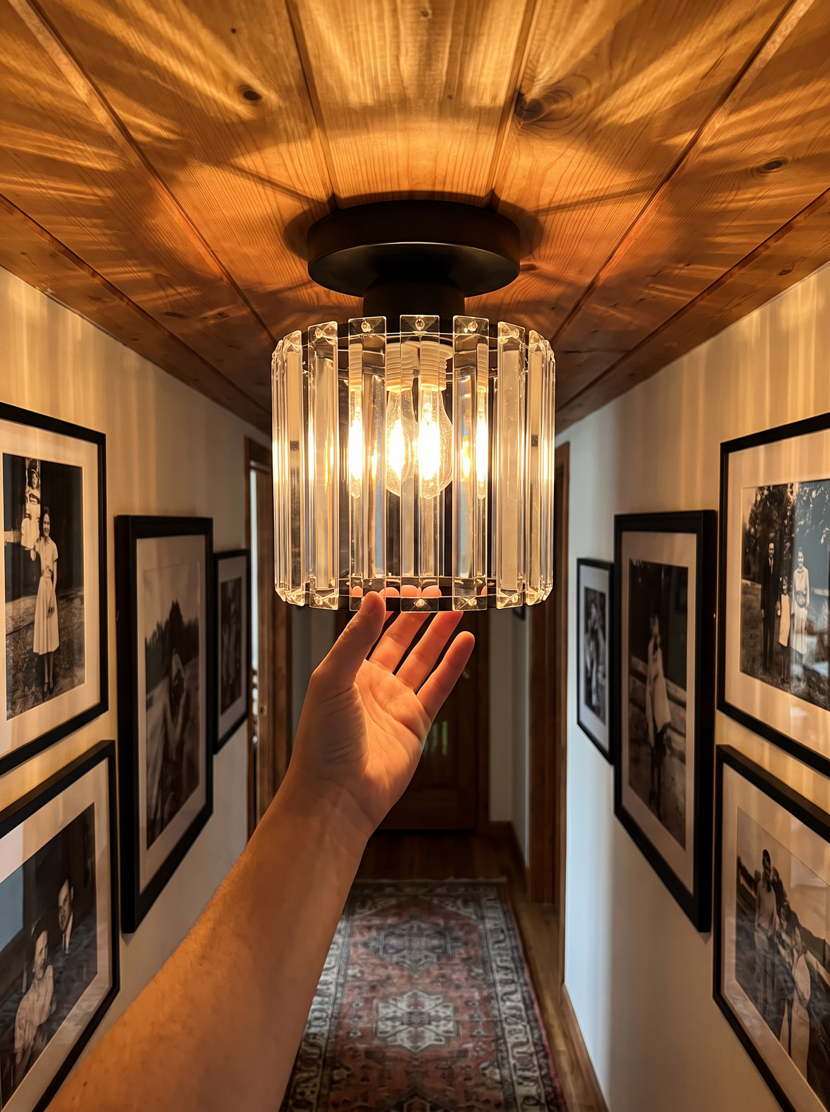 Crystal elements catching hallway light