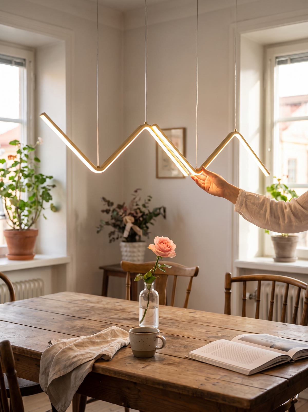 Lightweight spun shade over a dining table