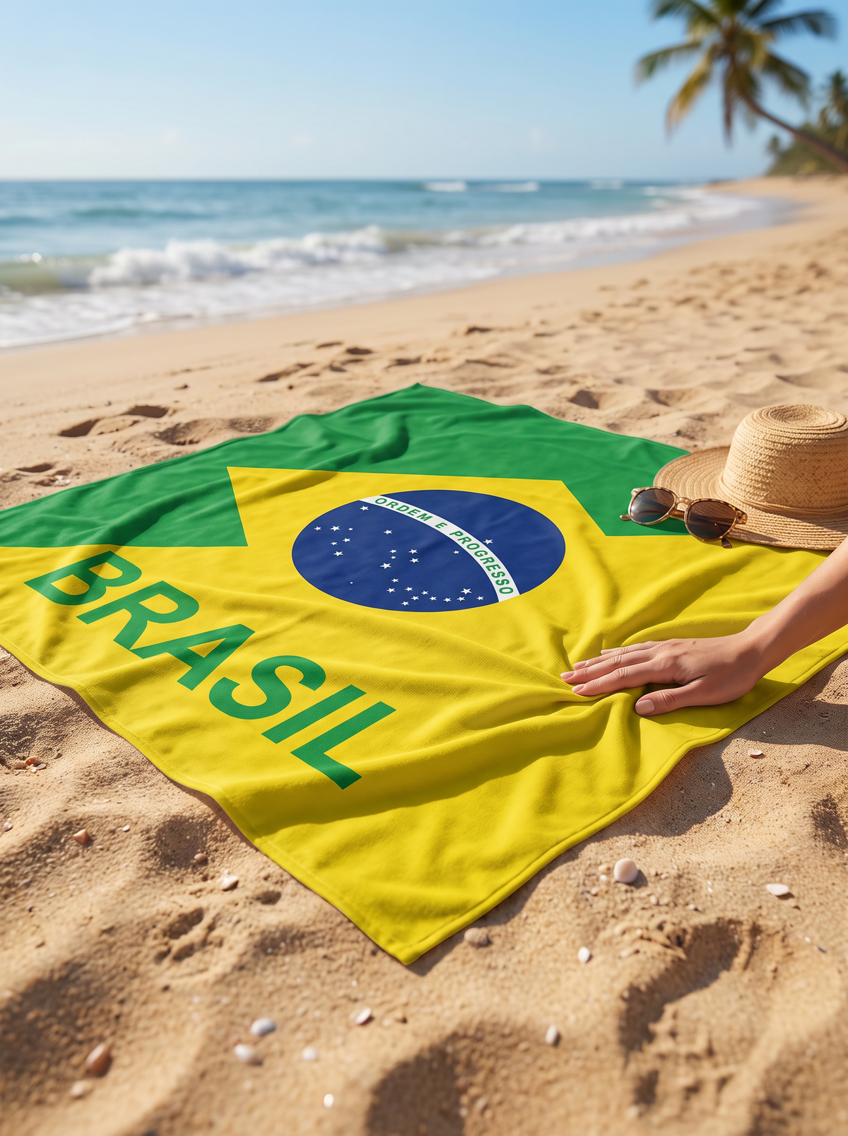 Square Brazil flag beach towel on the sand