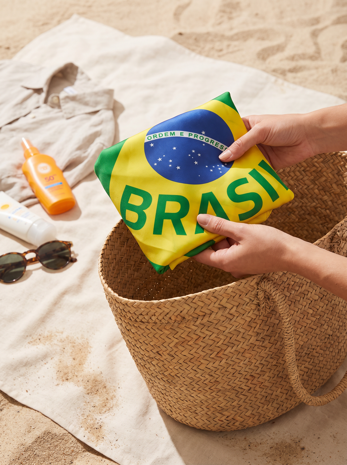 Beach towel folded into a day bag
