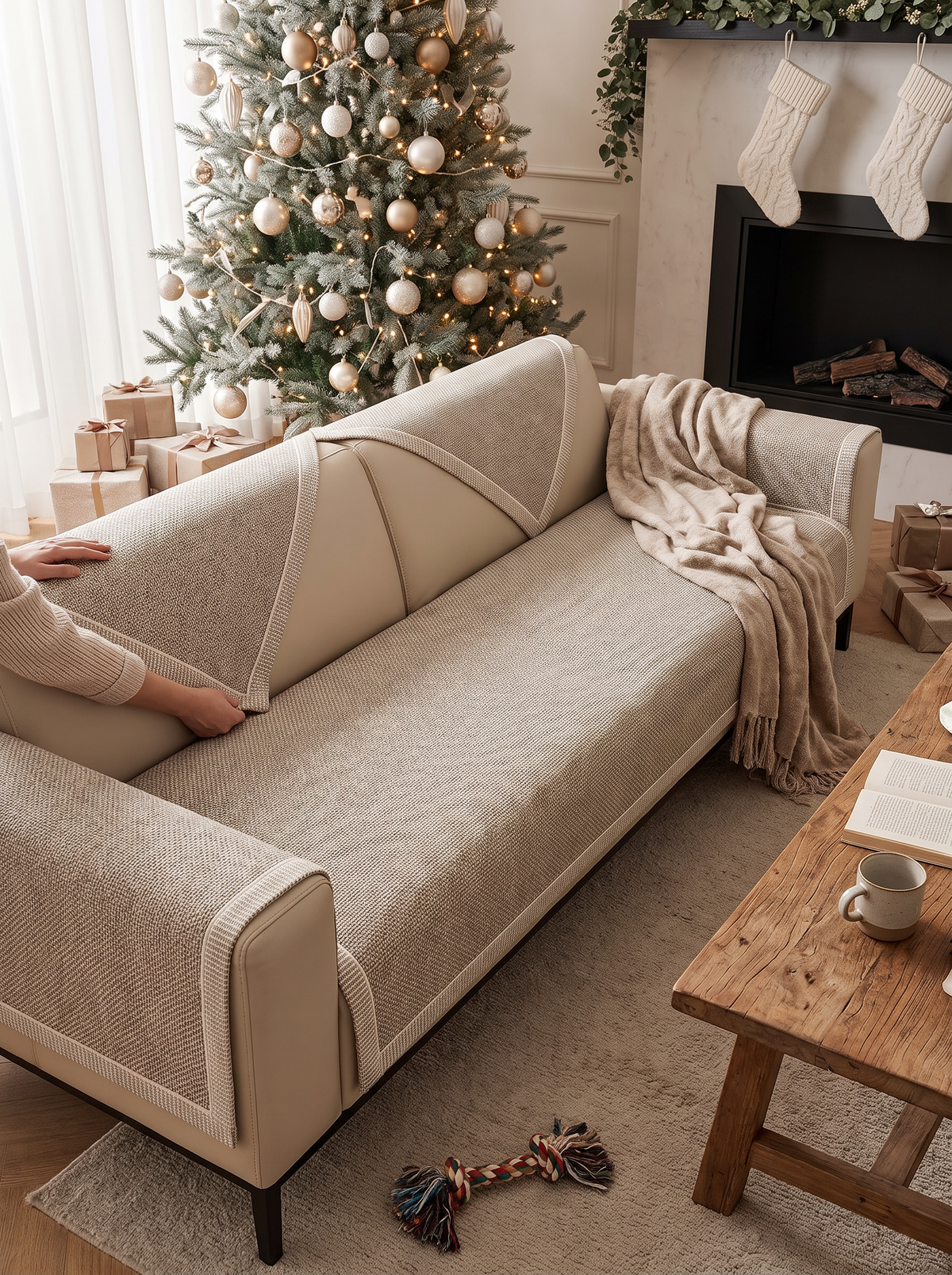 Tucking sofa cover flaps into the seat crease
