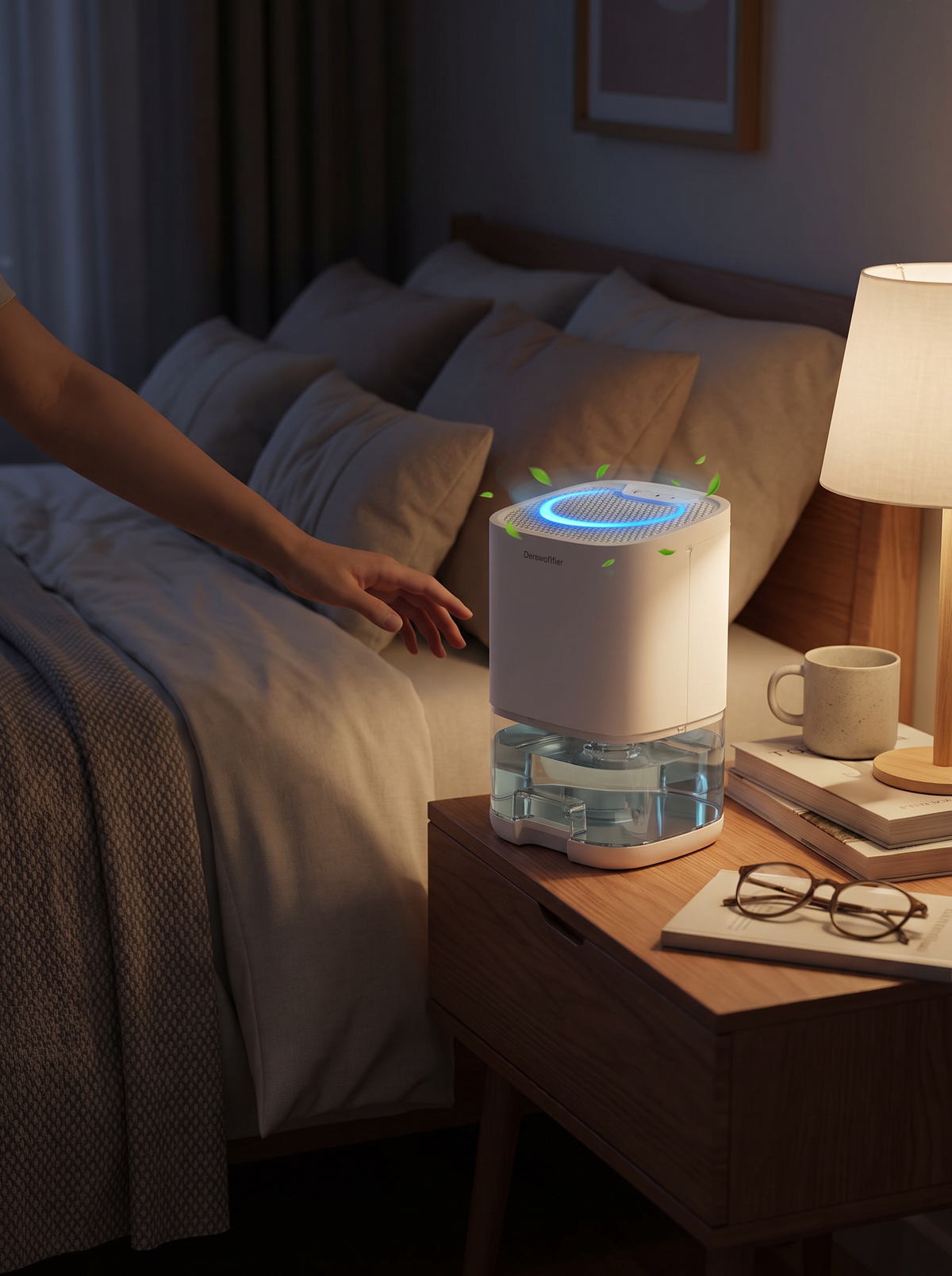 Dehumidifier night light glowing in a bedroom