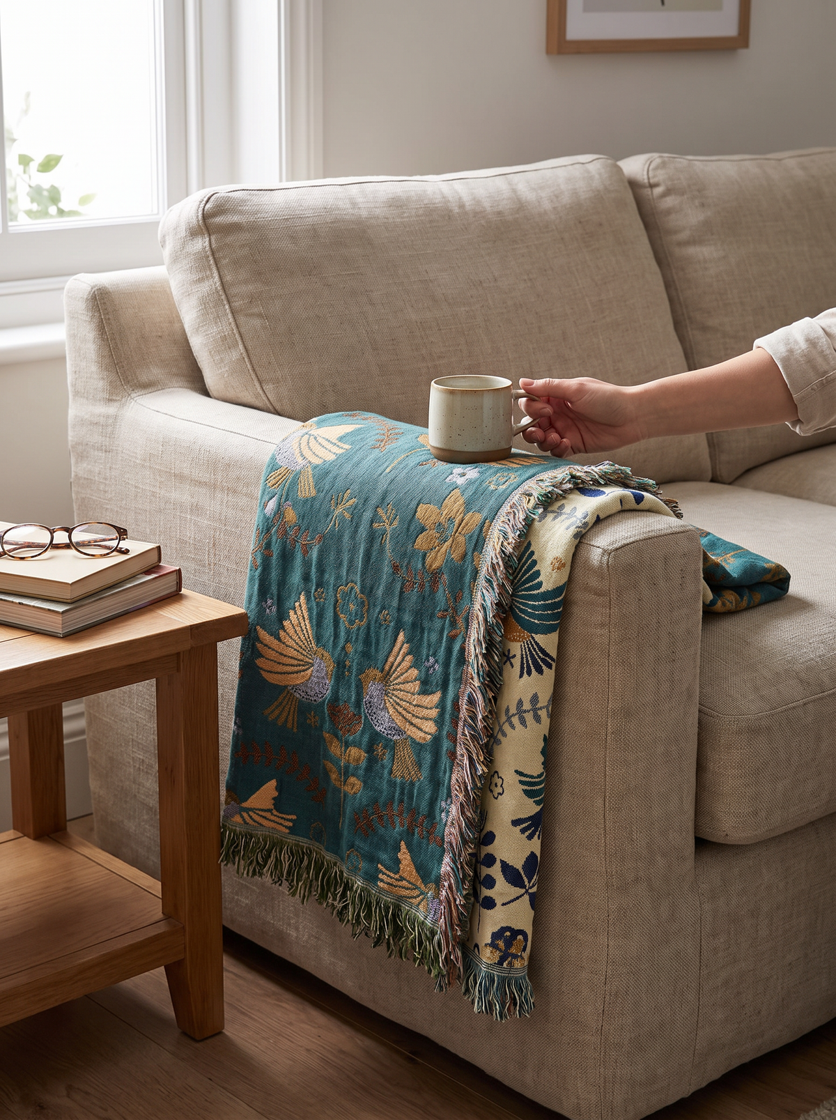 Reversible throw folded over a sofa arm