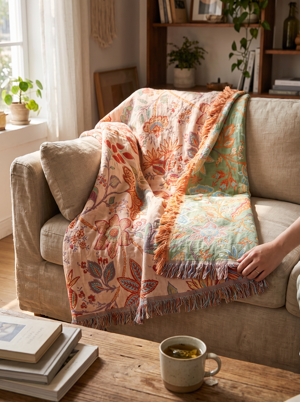 Woven floral pattern in a throw blanket