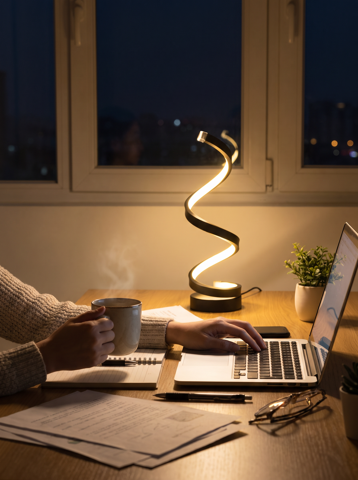 Clamp lamp lighting a desk in the evening