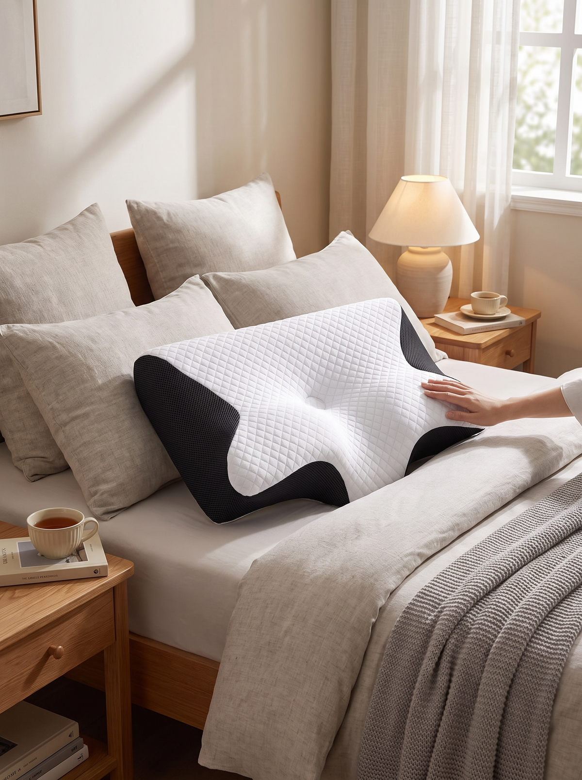 Contour sleep support neck pillow on a bed