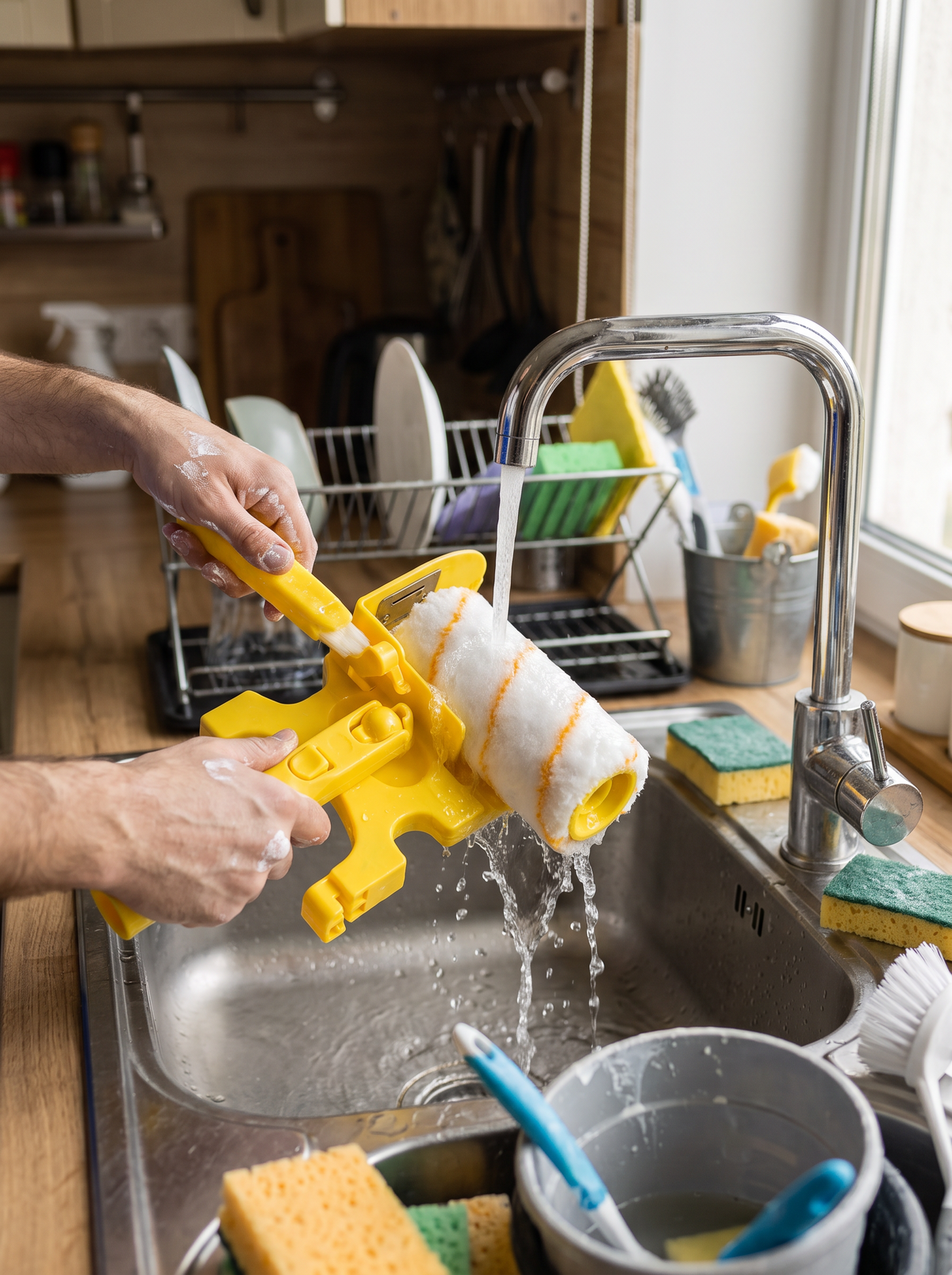 Washing a roller cover under a tap