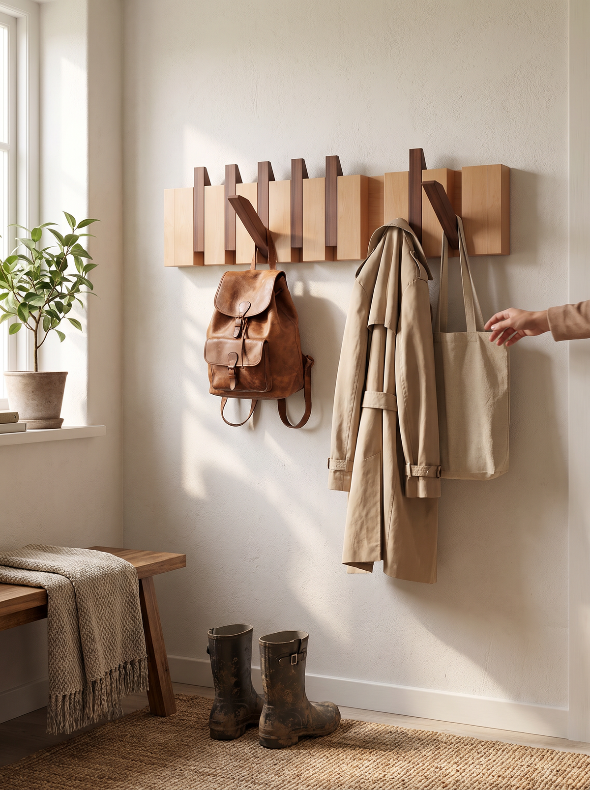 Wooden coat rack sized to a hallway wall