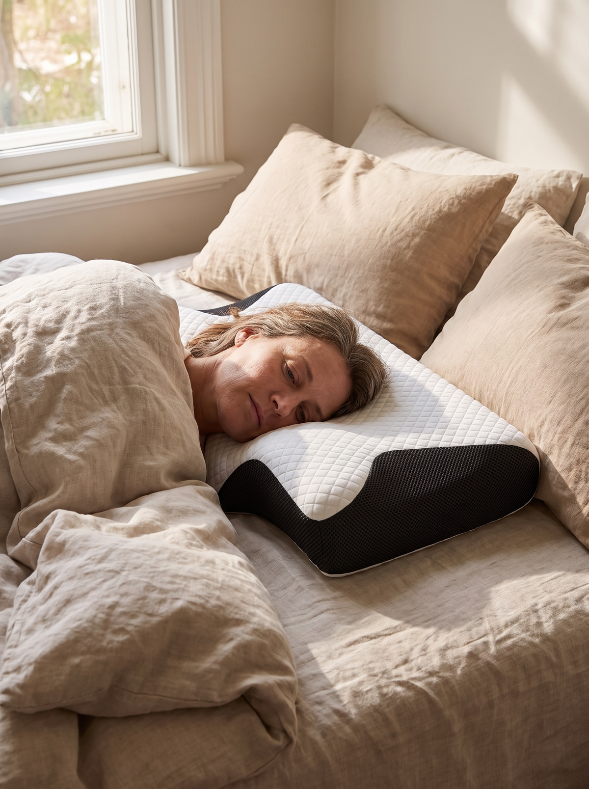 Contour pillow holding its shape under a sleeper