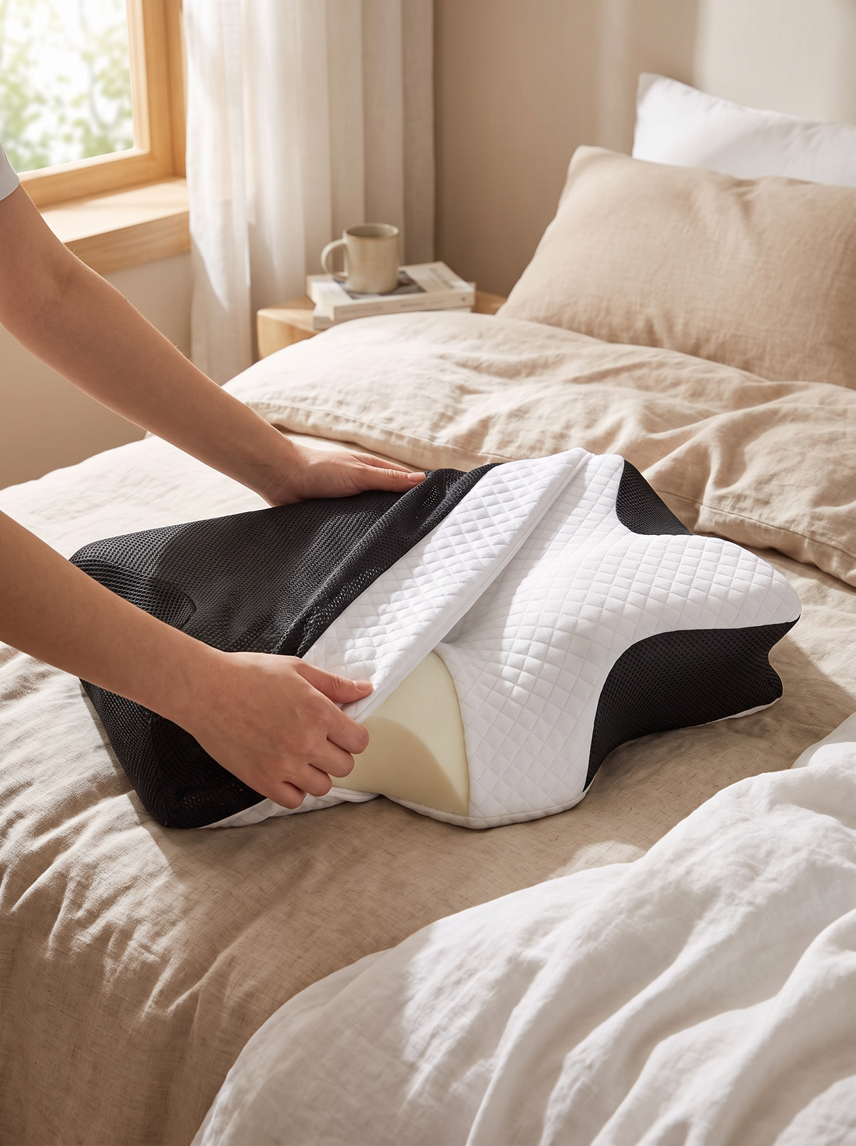Removing the washable cover from a contour pillow