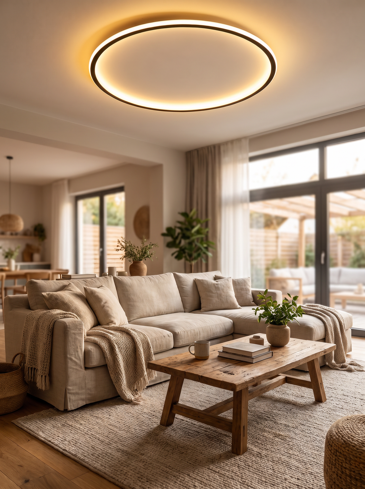 Round ceiling light in an open plan room