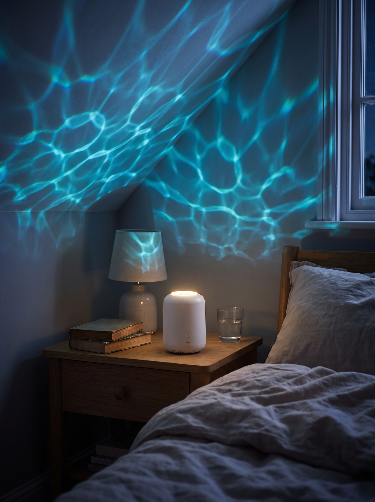 Ocean projector night light rippling across a ceiling