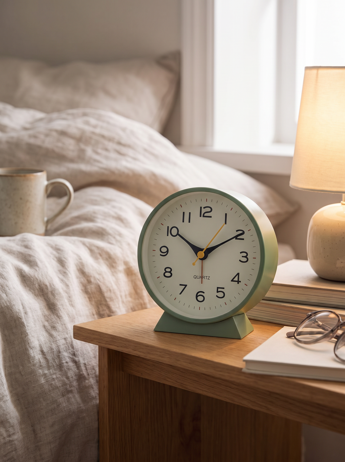 Table clock leaning on small feet