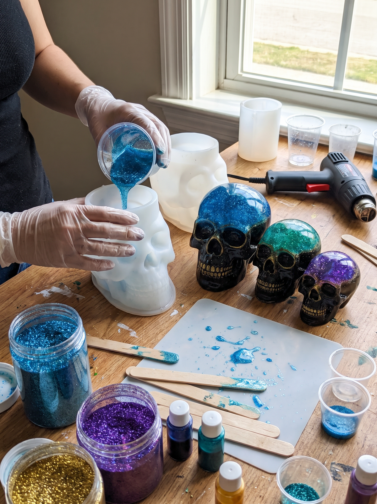 Skull silicone craft mould on a craft table