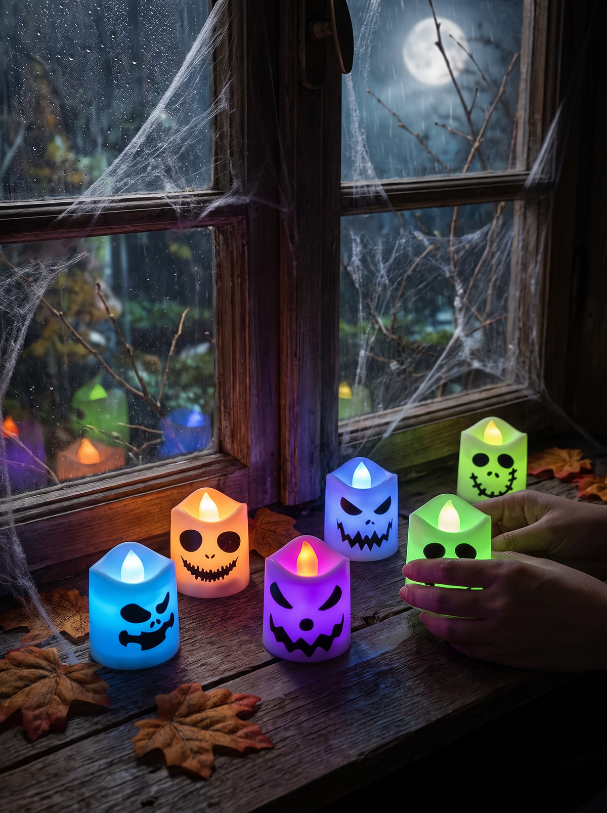 Flickering pumpkin lights on a windowsill