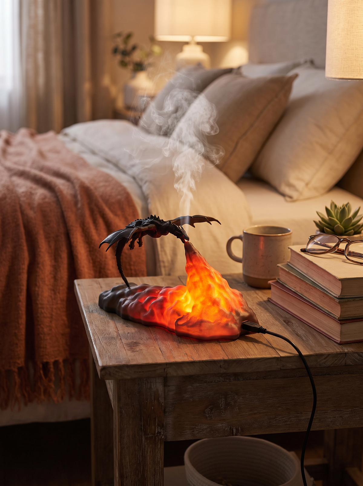 Dragon night light on a bedside table with USB cable