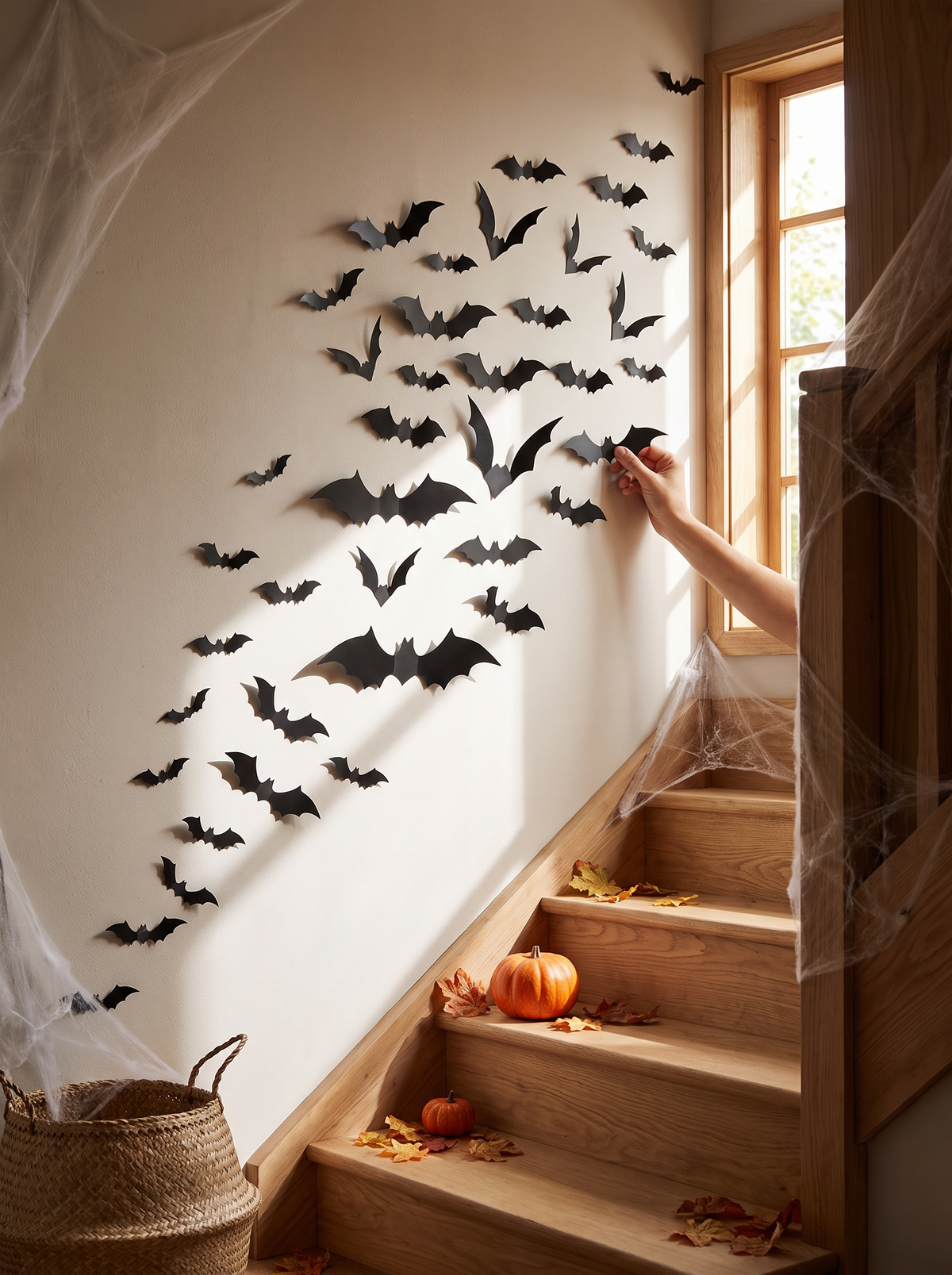 Mixed size bat stickers across a stairwell wall