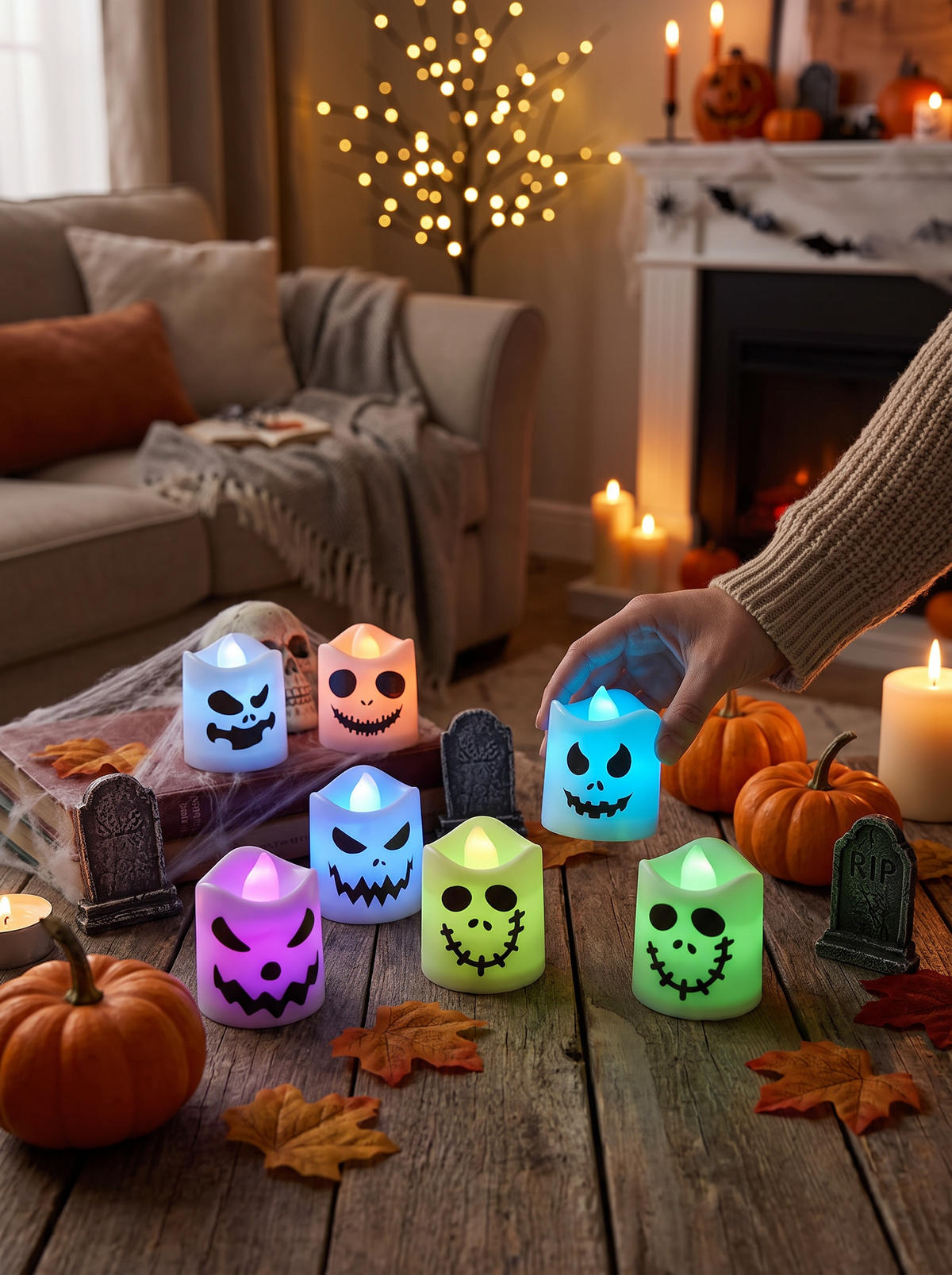 LED pumpkin tea lights on a table