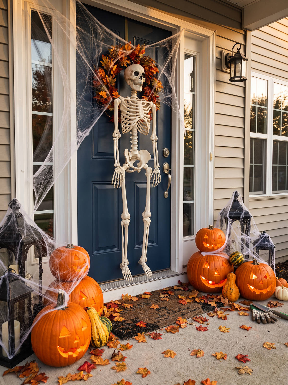 Skeleton decoration positioned clear of a garden path