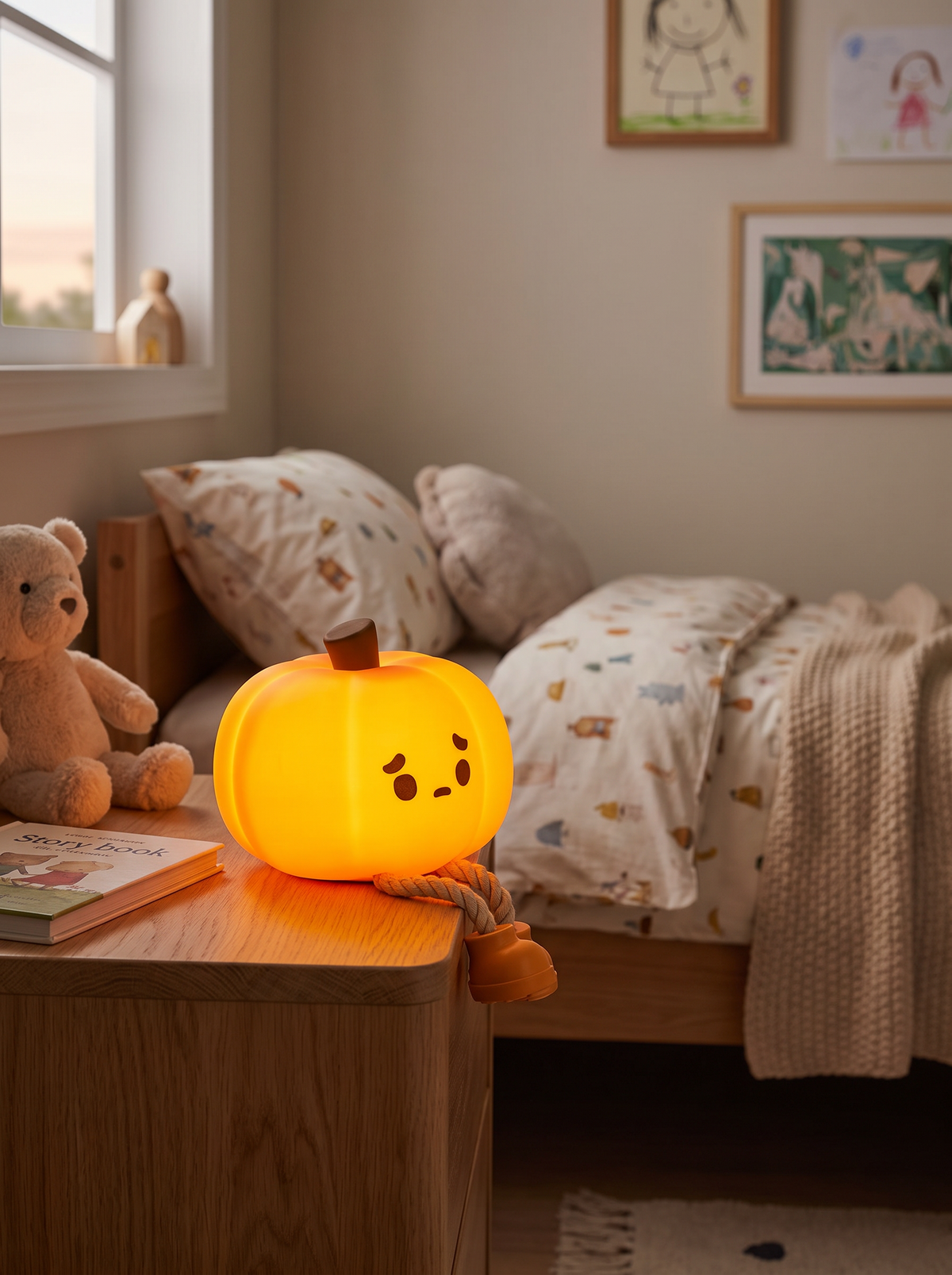 Flameless pumpkin light on a bedside table