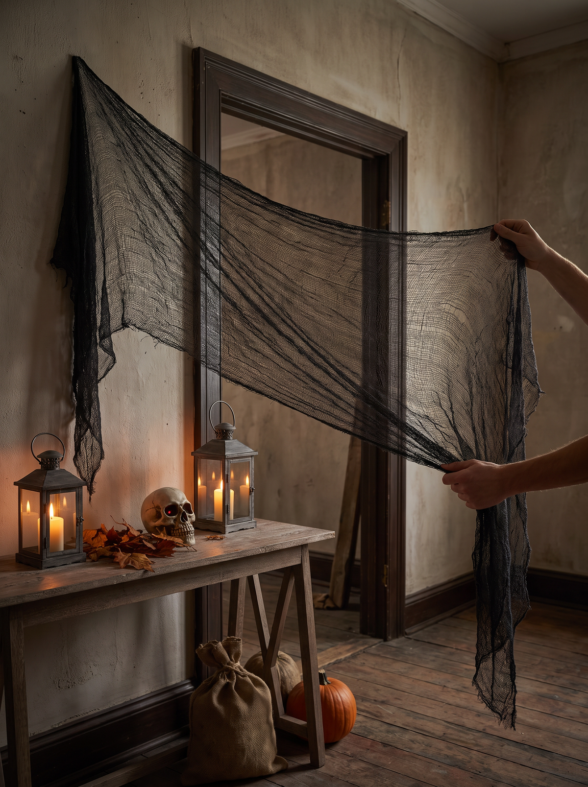 Stretch fabric decor pulled thin across a doorway