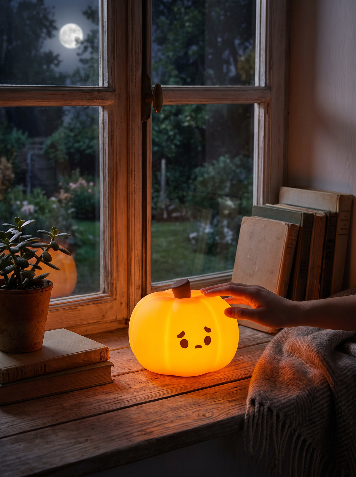 Rechargeable LED pumpkin night light on a windowsill