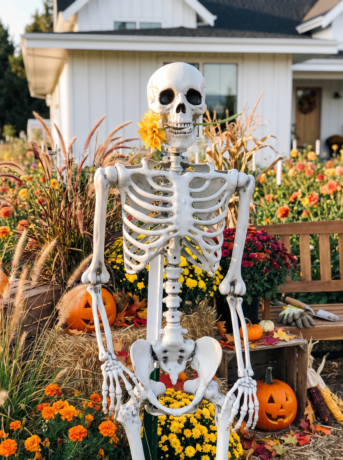 Movable outdoor figurine standing in a front garden