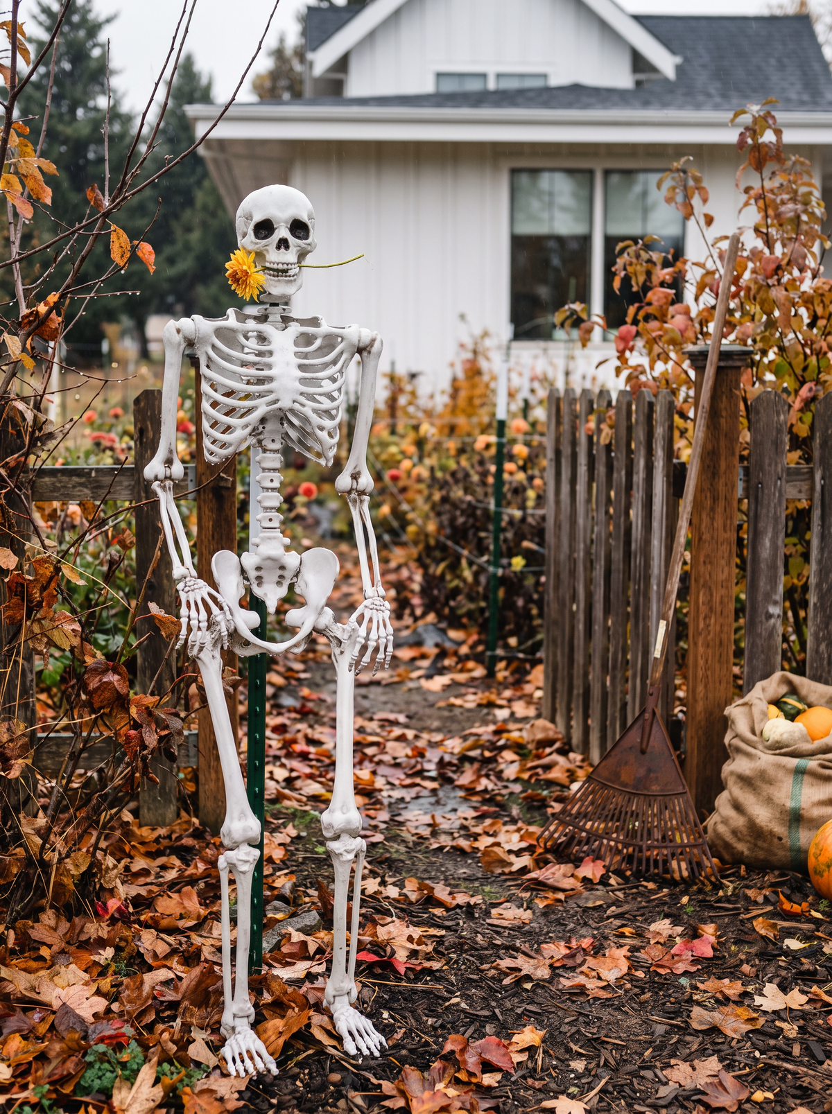 Weather resistant figurine outdoors among fallen leaves