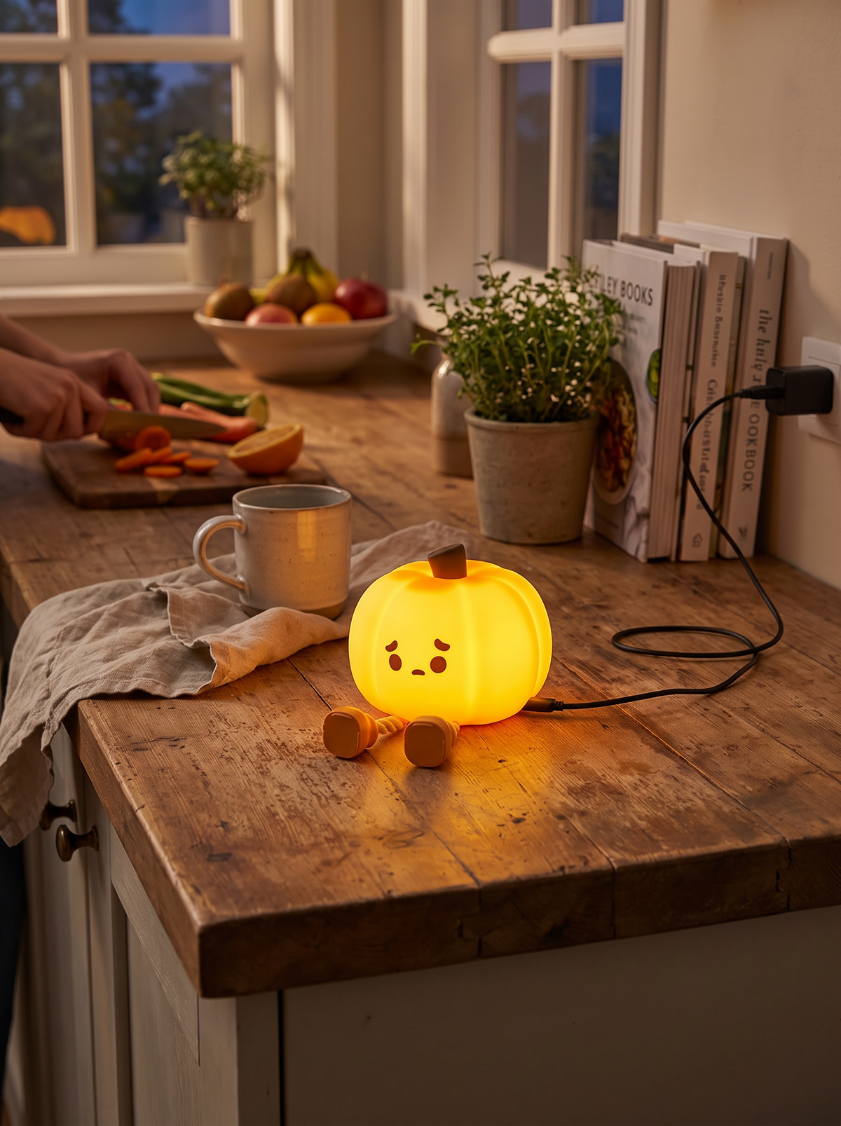 Pumpkin night light charging over USB