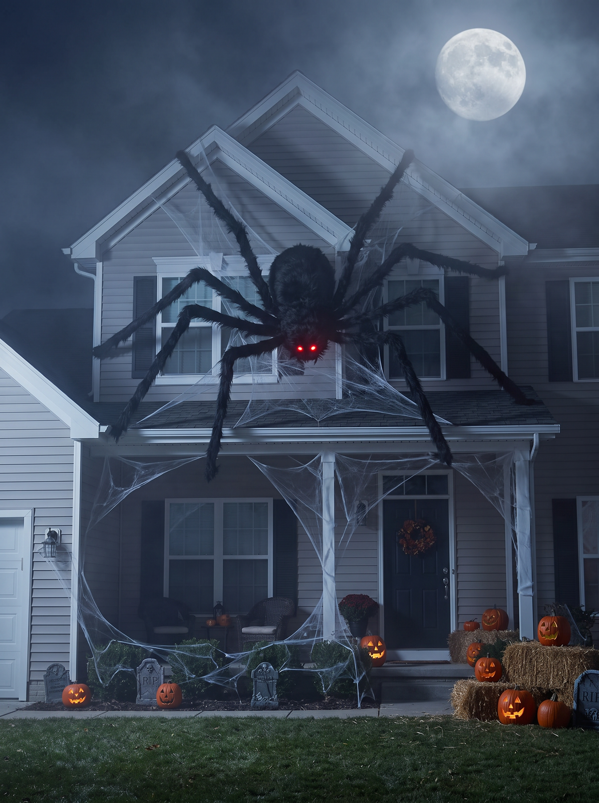 Giant outdoor spider decoration on a house front