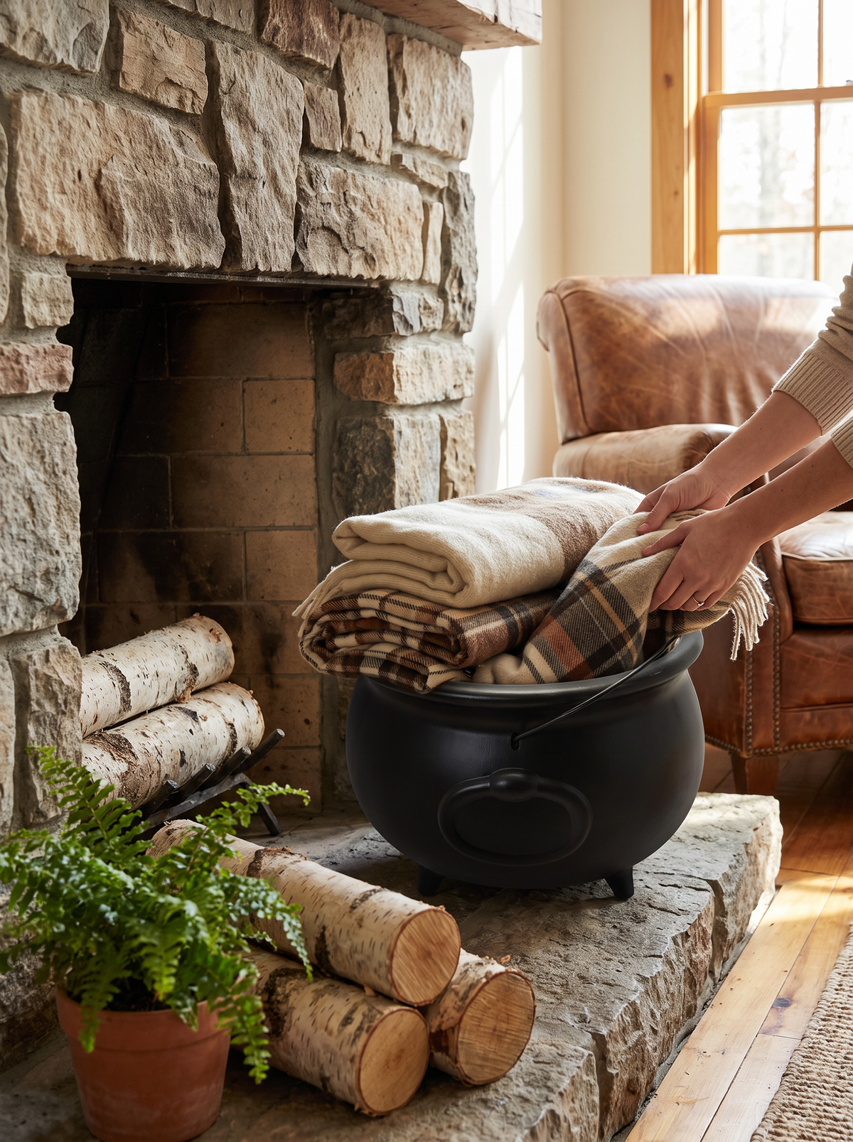 Cauldron holding folded blankets beside a fireplace