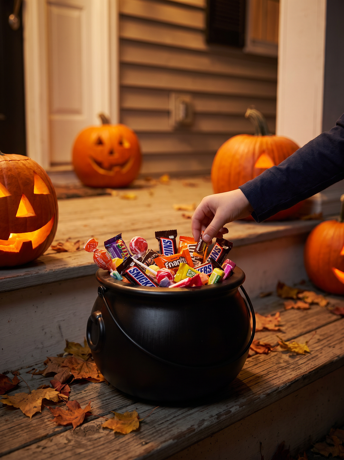 Cauldron filled with wrapped sweets on a doorstep