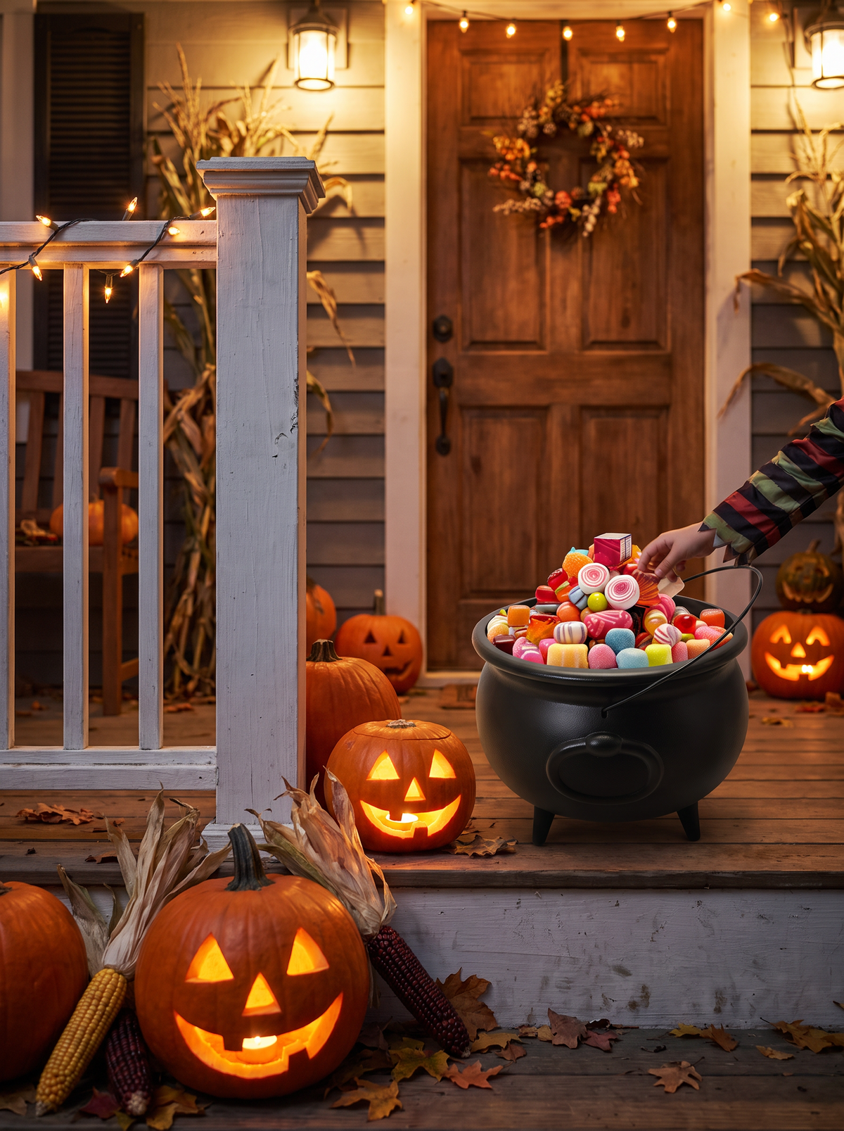 Trick or treat cauldron display beside a front door
