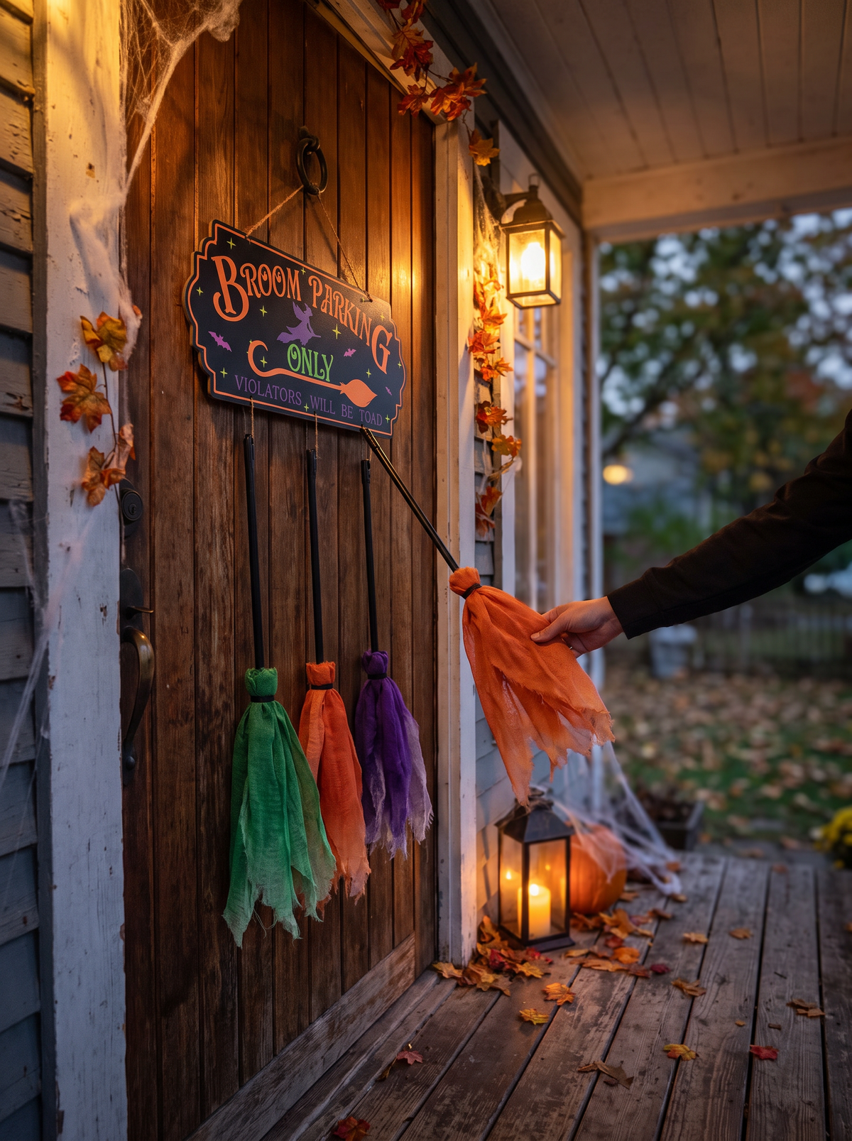 Lettered seasonal sign beside a front door at dusk