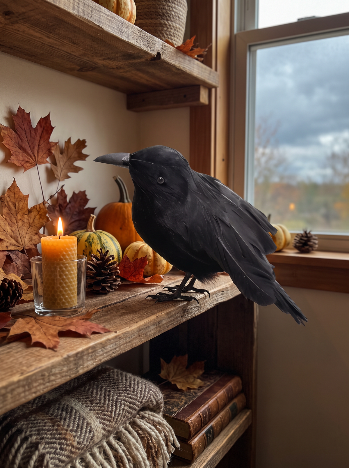 Feathered artificial crow perched on a shelf edge