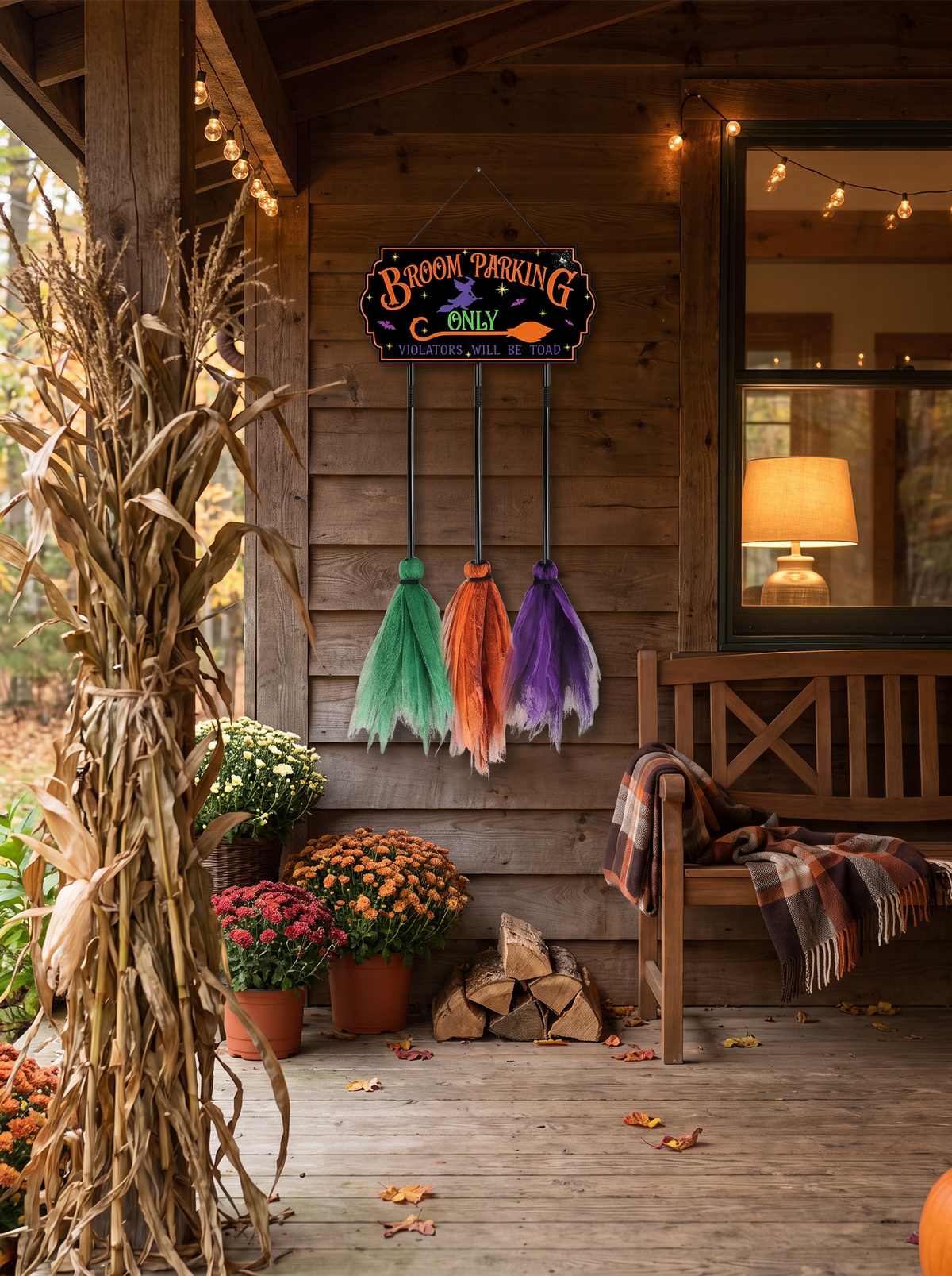 Seasonal sign hanging on a sheltered porch wall
